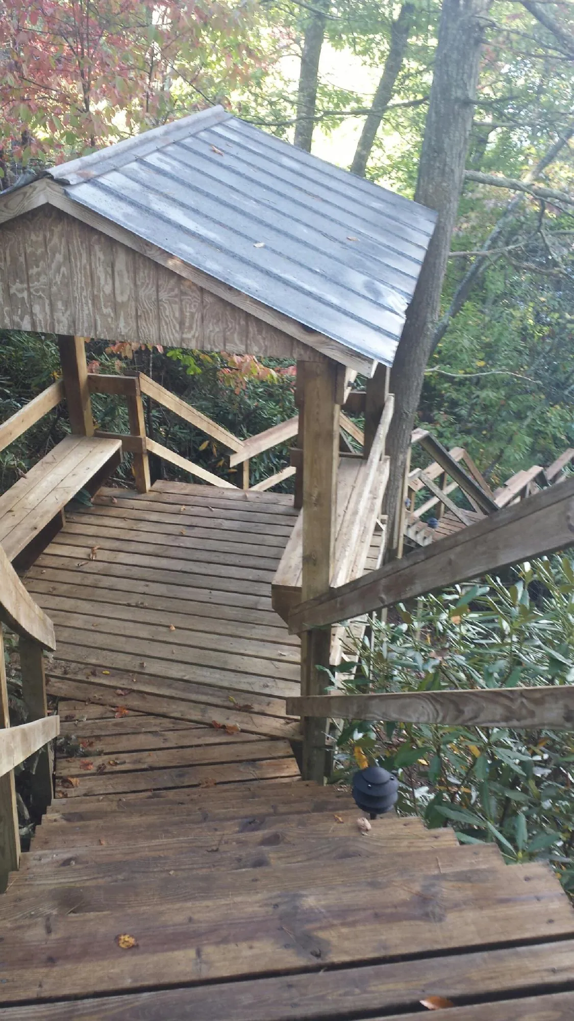 Metal roofed shelter over wooden steps on a wooded walkway — Skylight Repair & Installation work by our crew in Big Arm